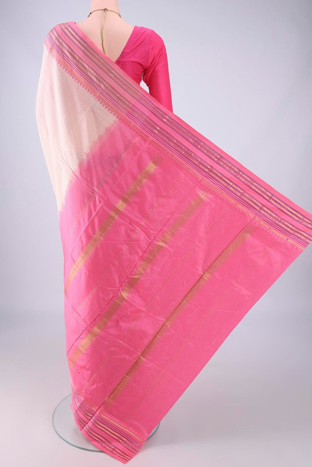 Flat view of Beige Narayanpet Silk Saree with Checked design on the body and Zari Border. 