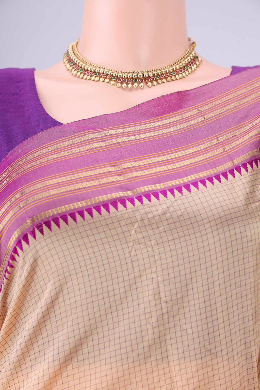Border image of Beige Narayanpet Silk Saree with Checked design on the body and Temple Border. 