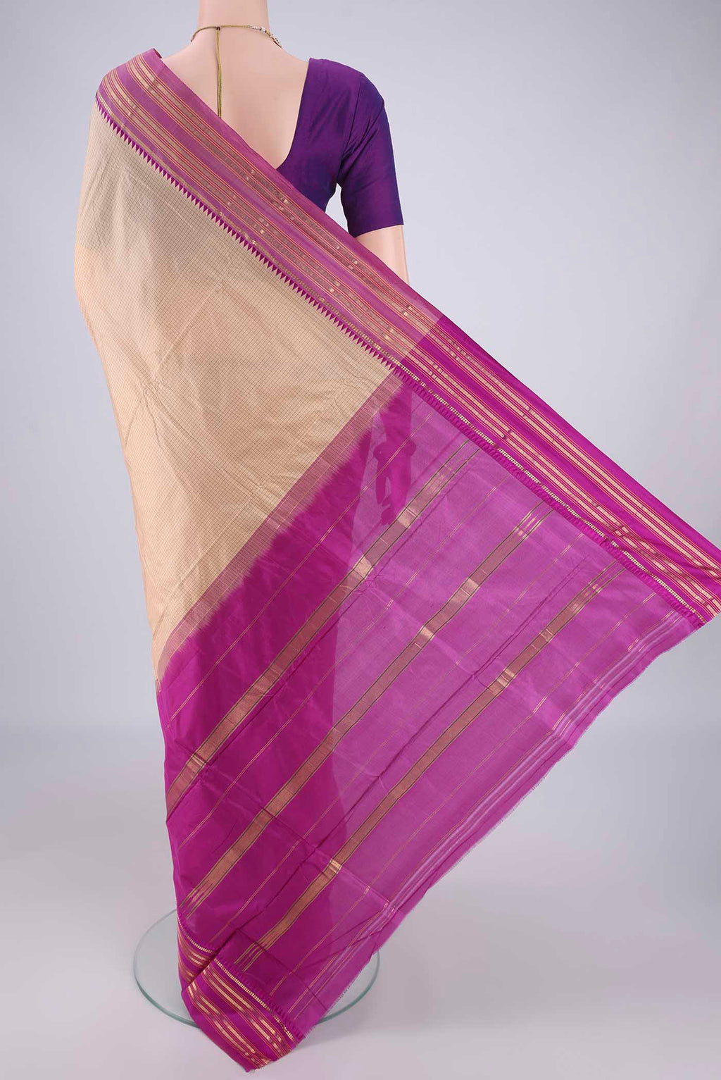 Flat view of Beige Narayanpet Silk Saree with Checked design on the body and Temple Border. 