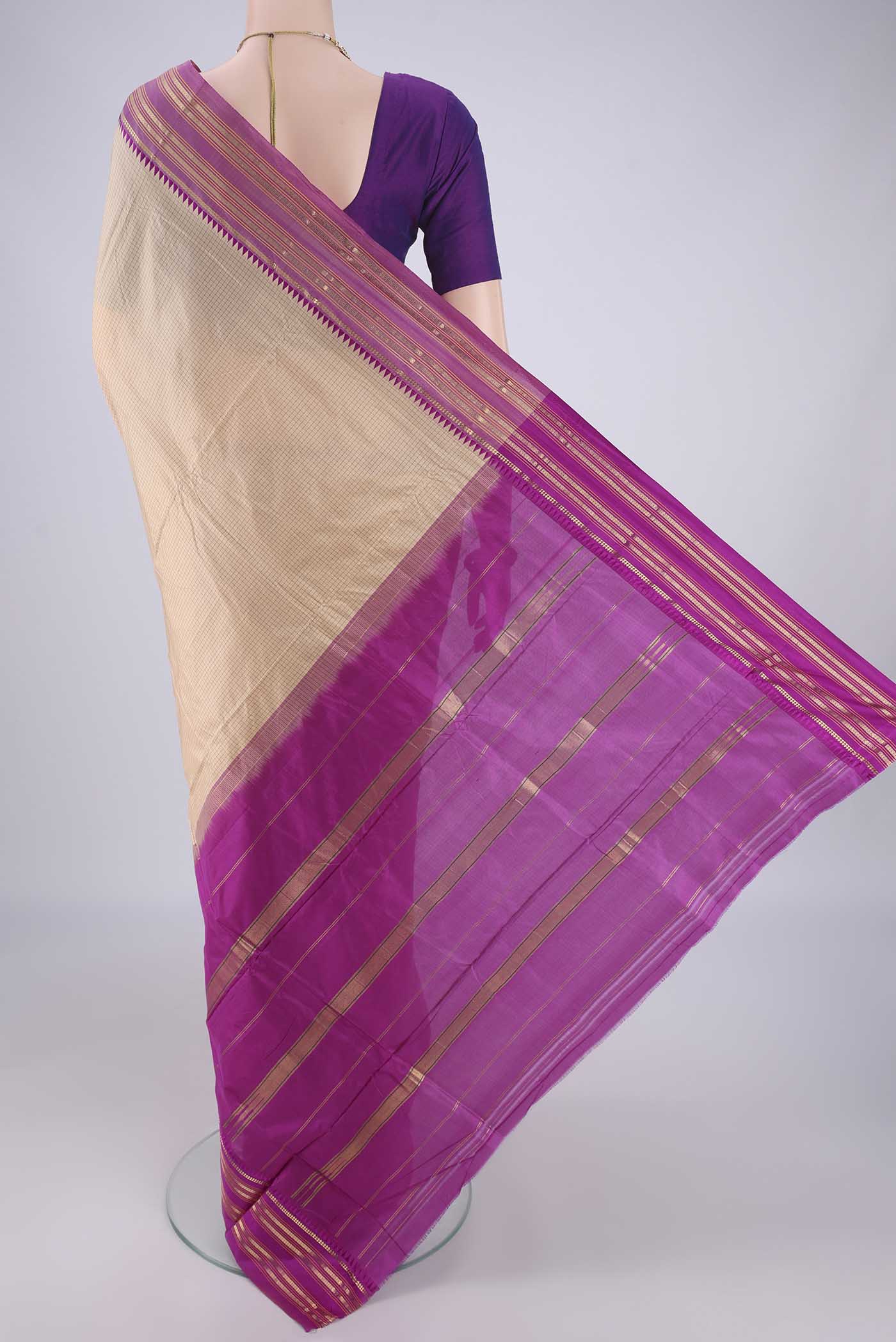 Flat view of Beige Narayanpet Silk Saree with Checked design on the body and Temple Border. 