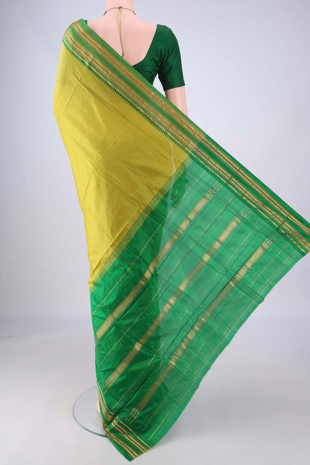 Flat view of Light Green Narayanpet Silk Saree with Checked design on the body and Zari Border. 