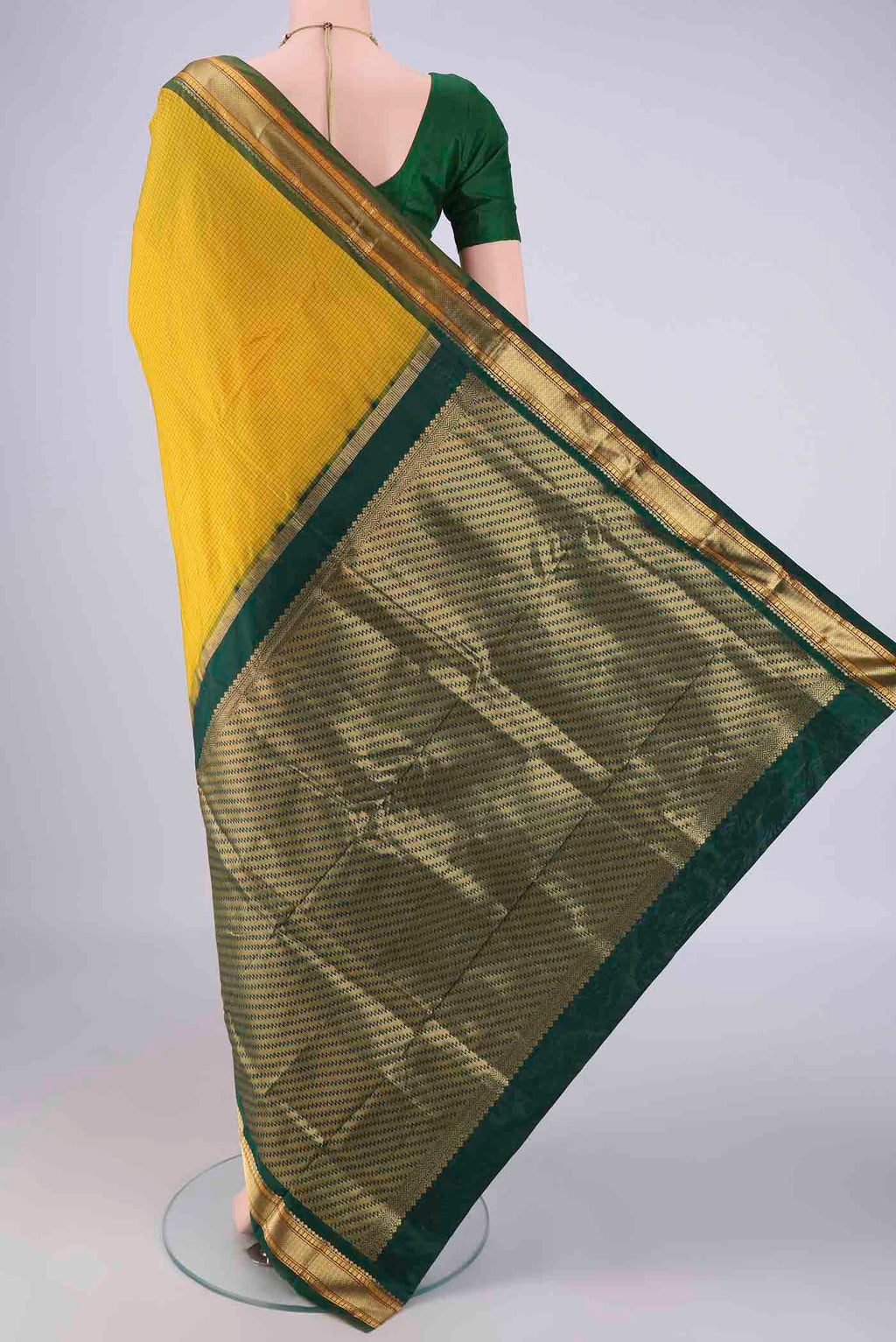 Flat view of Yellow Narayanpet Silk Saree with Checked design on the body and Zari Border. 