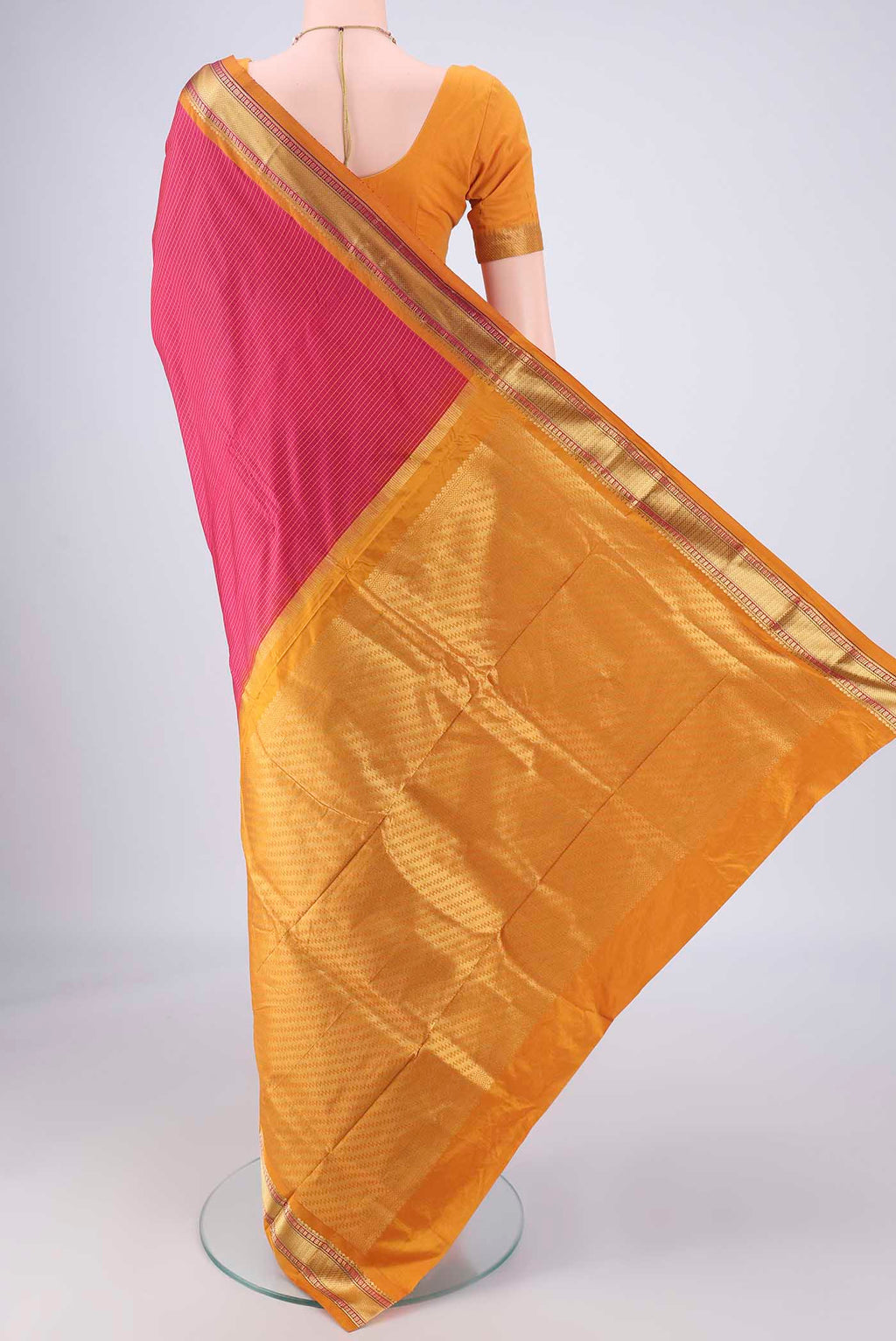 Flat view of Rani Pink Narayanpet Silk Saree with Checked design on the body and Zari Border. 