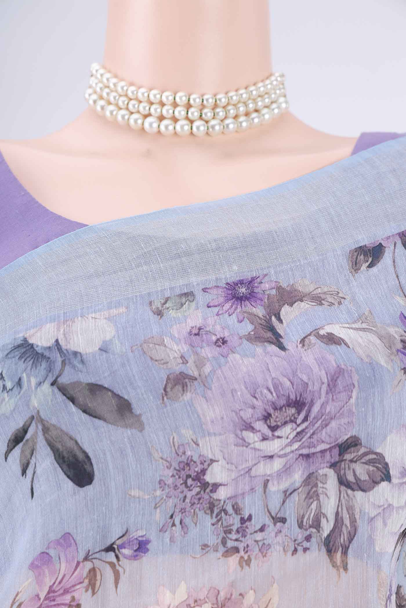 Border image of Sky Blue Linen Saree with Printed design on the body and Zari Border. 
