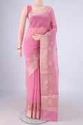 Pink Blended Kota Cotton Saree with Embroidery on the body and Zari Border.  displayed on a mannequin