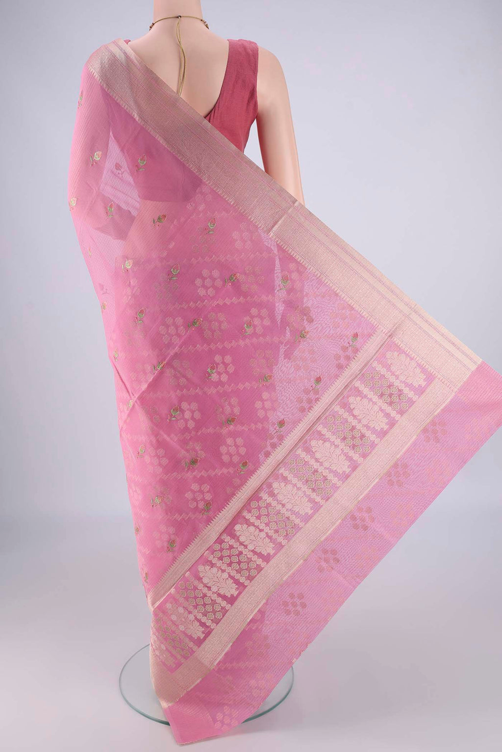 Flat view of Pink Blended Kota Cotton Saree with Embroidery on the body and Zari Border. 