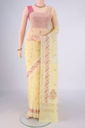 Lemon Yellow Blended Kota Cotton Saree with Embroidery on the body and Zari Border.  displayed on a mannequin
