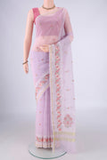 Lavender Blended Kota Cotton Saree with Embroidery on the body and Zari Border.  displayed on a mannequin