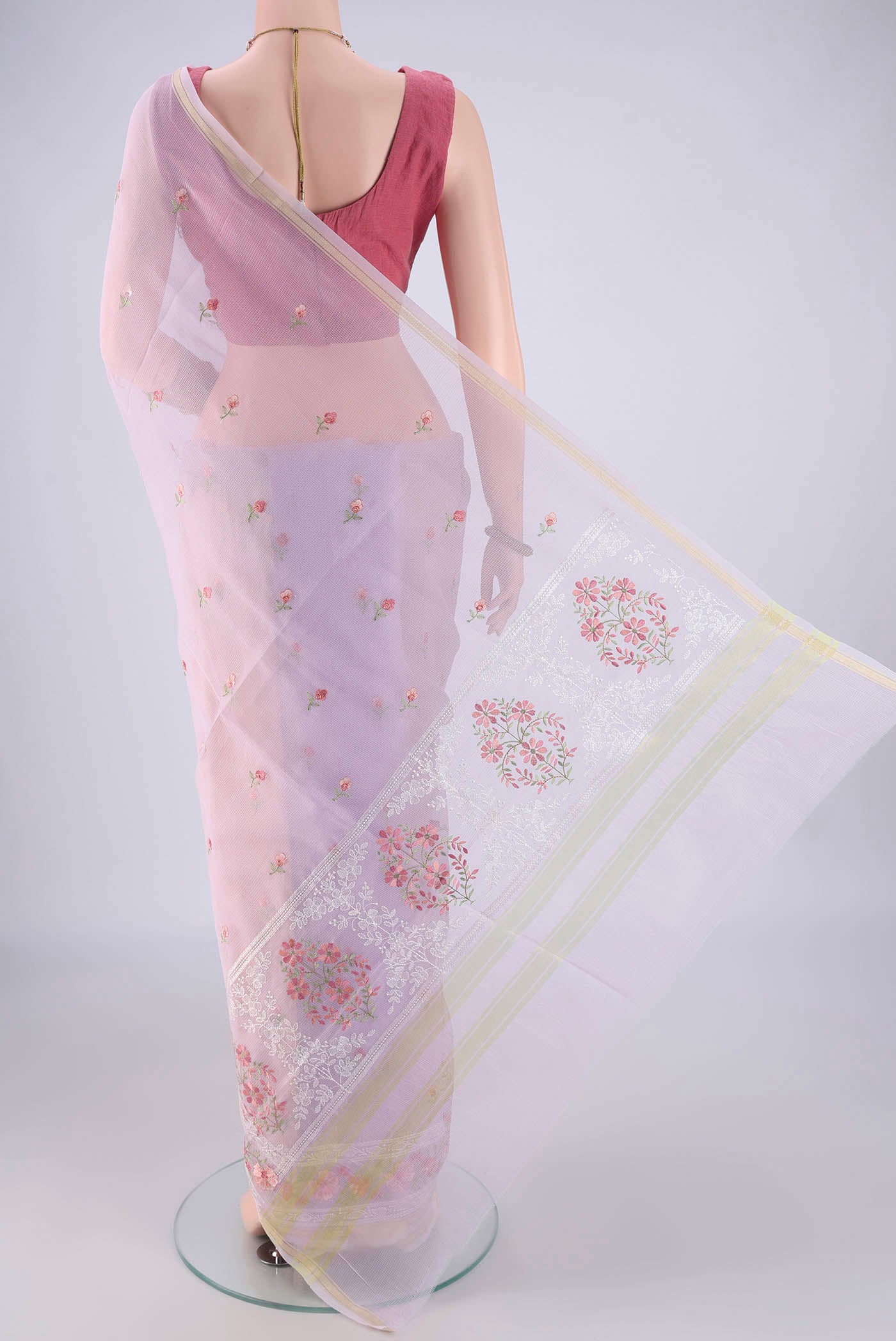 Flat view of Lavender Blended Kota Cotton Saree with Embroidery on the body and Zari Border. 