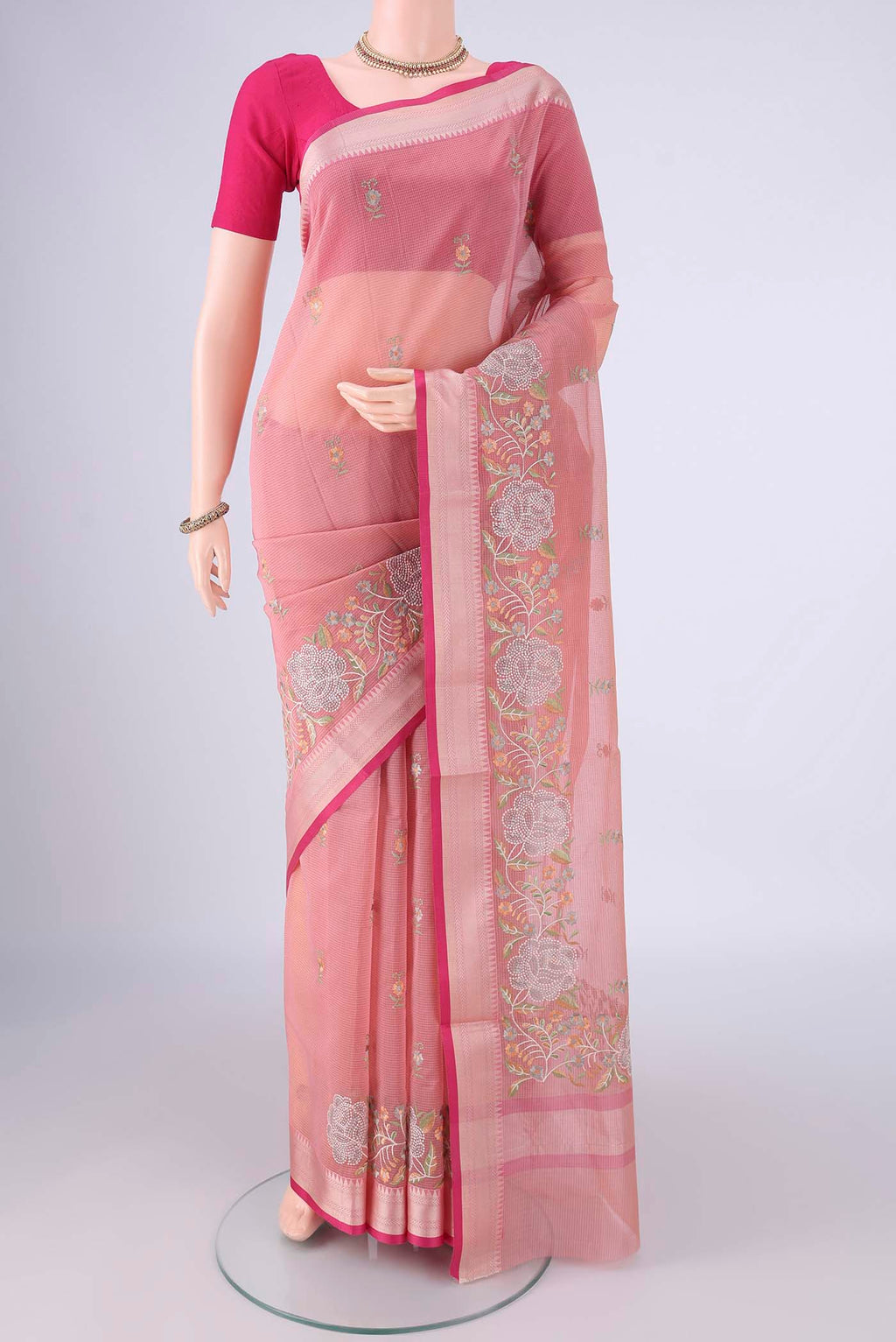 Pink Blended Kota Cotton Saree with Embroidery on the body and Thread Border.  displayed on a mannequin