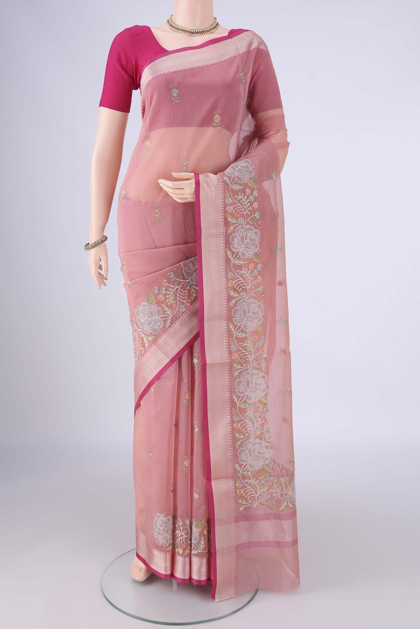 Pink Blended Kota Cotton Saree with Embroidery on the body and Thread Border.  displayed on a mannequin