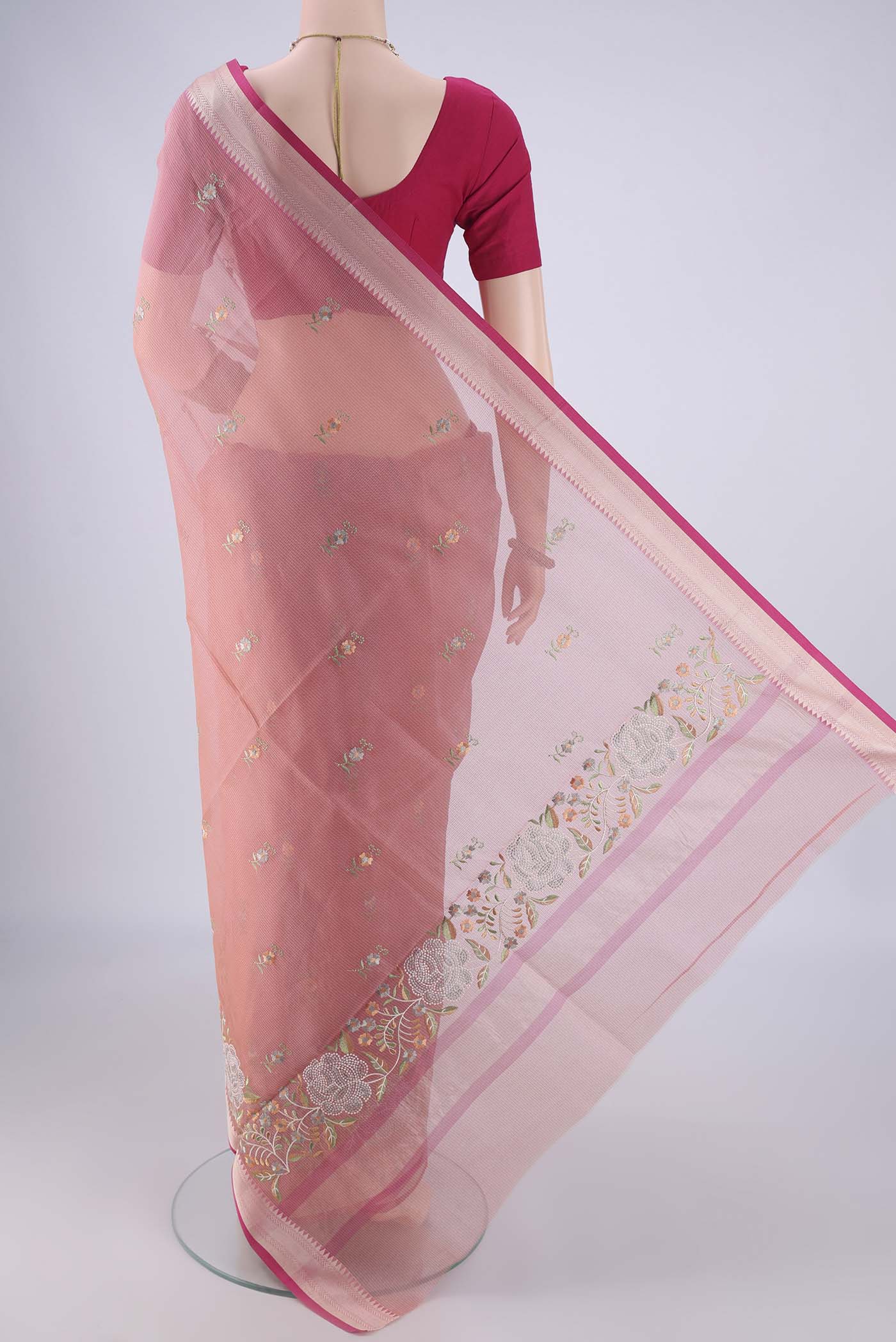 Flat view of Pink Blended Kota Cotton Saree with Embroidery on the body and Thread Border. 