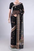 Black Blended Kota Cotton Saree with Embroidery on the body and Zari Border.  displayed on a mannequin