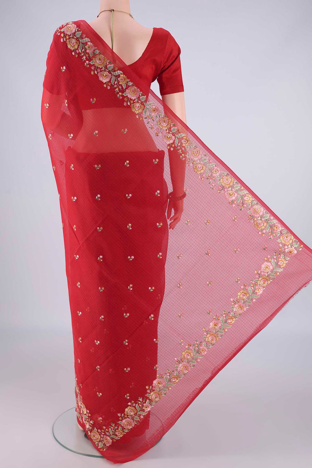 Flat view of Red Blended Kota Cotton Saree with Embroidery on the body and Thread Border. 