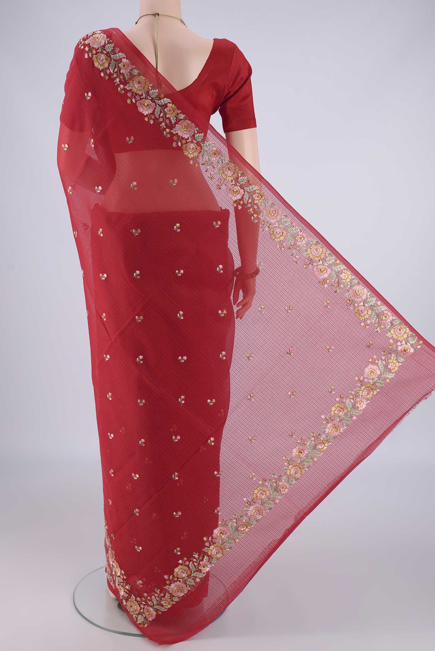 Flat view of Red Blended Kota Cotton Saree with Embroidery on the body and Thread Border. 