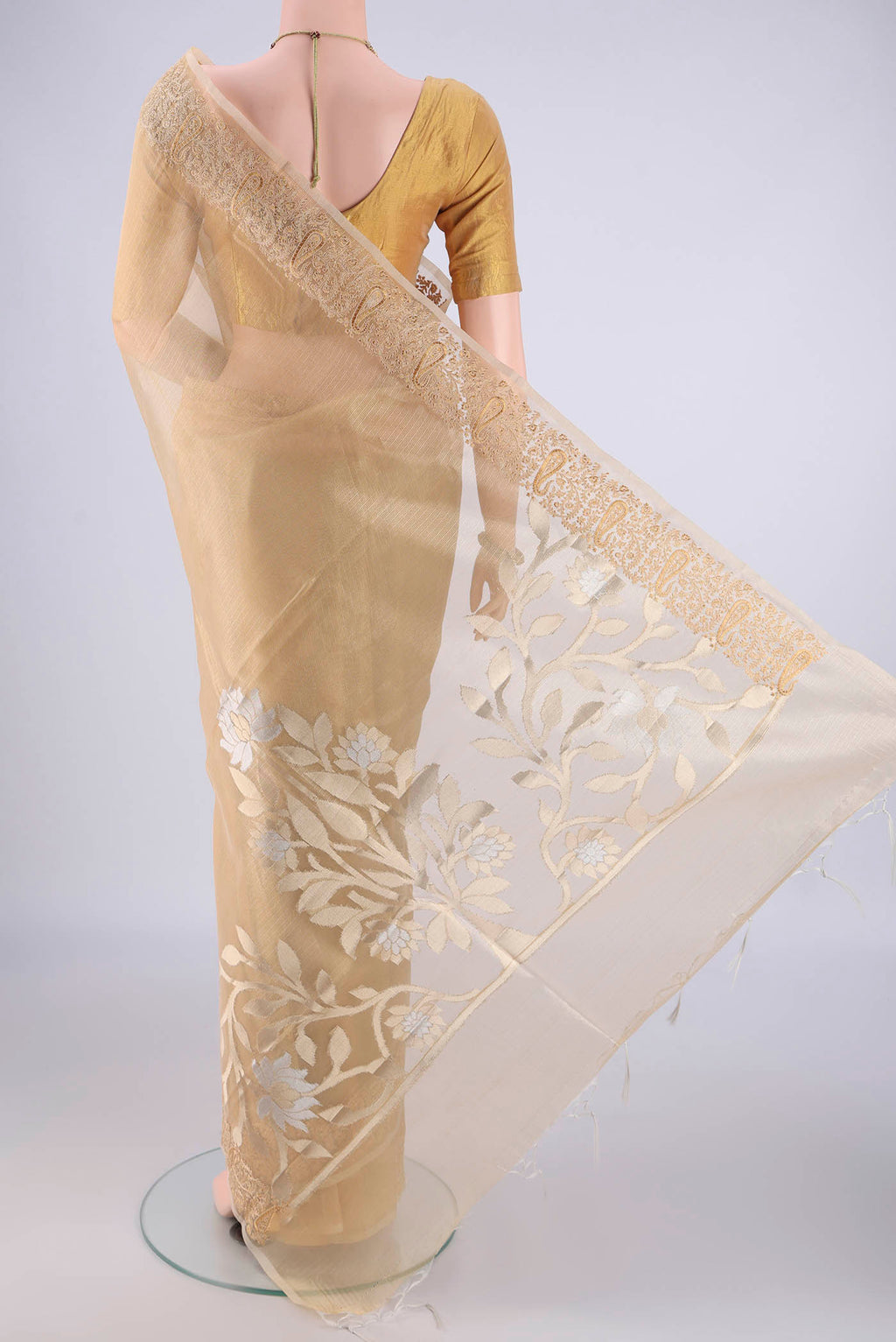 Flat view of Golden Blended Kota Cotton Saree with Stripes on the body and Embroidery Border. 