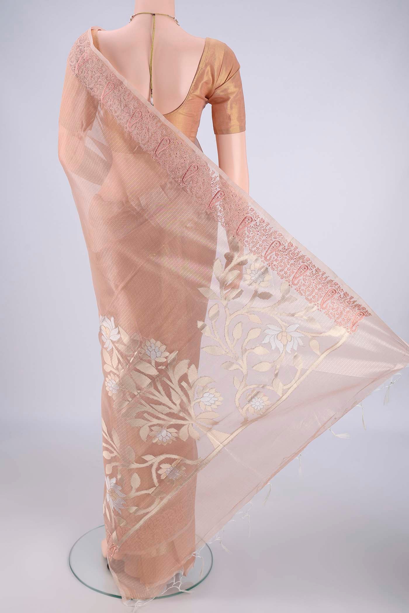 Flat view of Rose Gold Blended Kota Cotton Saree with Plain Body and Embroidery Border. 