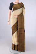 Cream Dual Tone Kanjivaram Silk Saree with Veldhari on the body and Thread Border.  displayed on a mannequin