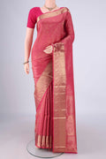 Dark Pink Soft Silk Saree with Zari Brocade on the body and Zari Border.  displayed on a mannequin