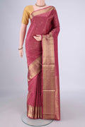 Dark Pink Soft Silk Saree with Zari Brocade on the body and Zari Border.  displayed on a mannequin