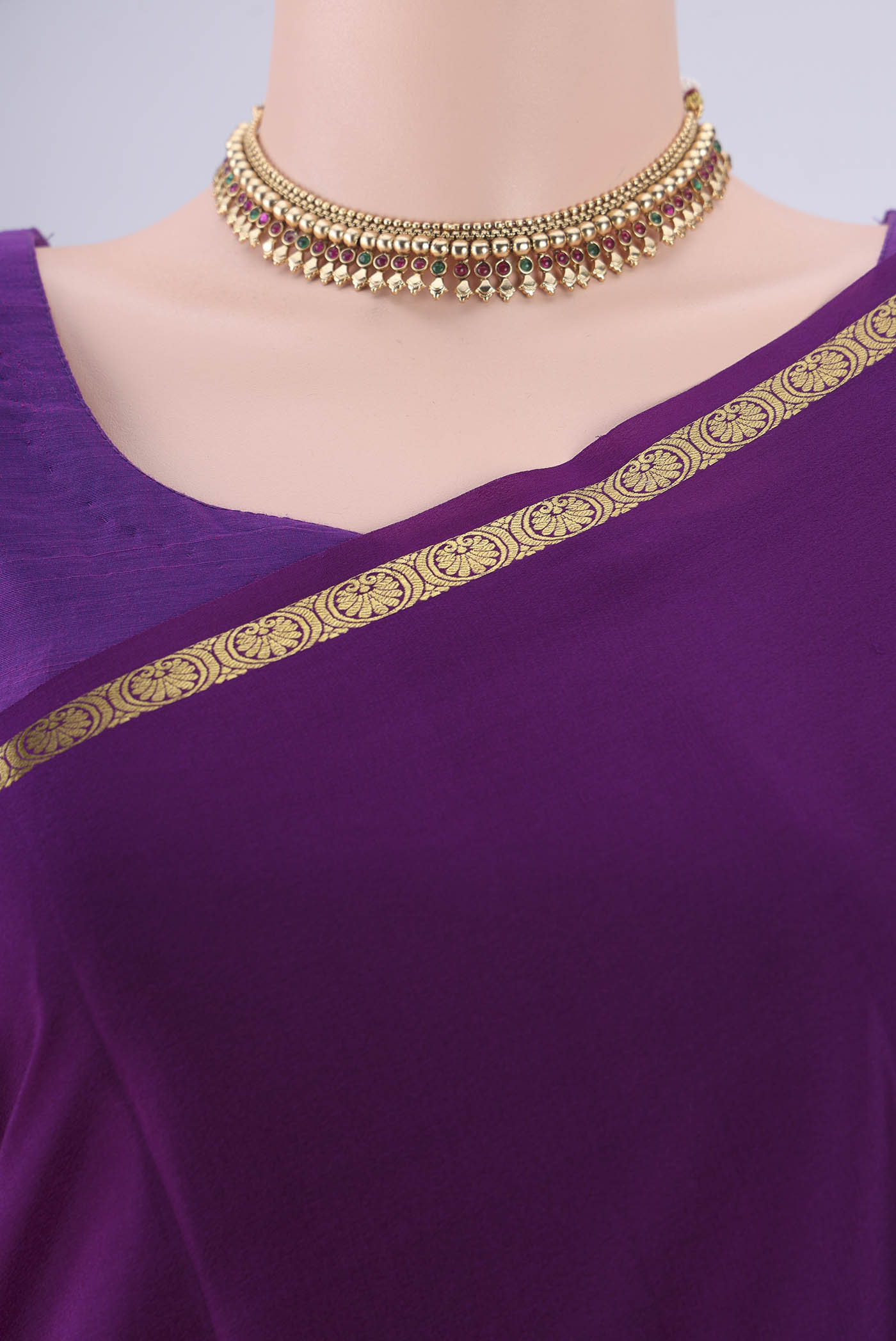 Border image of Purple Mysore Crepe Saree with Plain Body and Zari Border. 