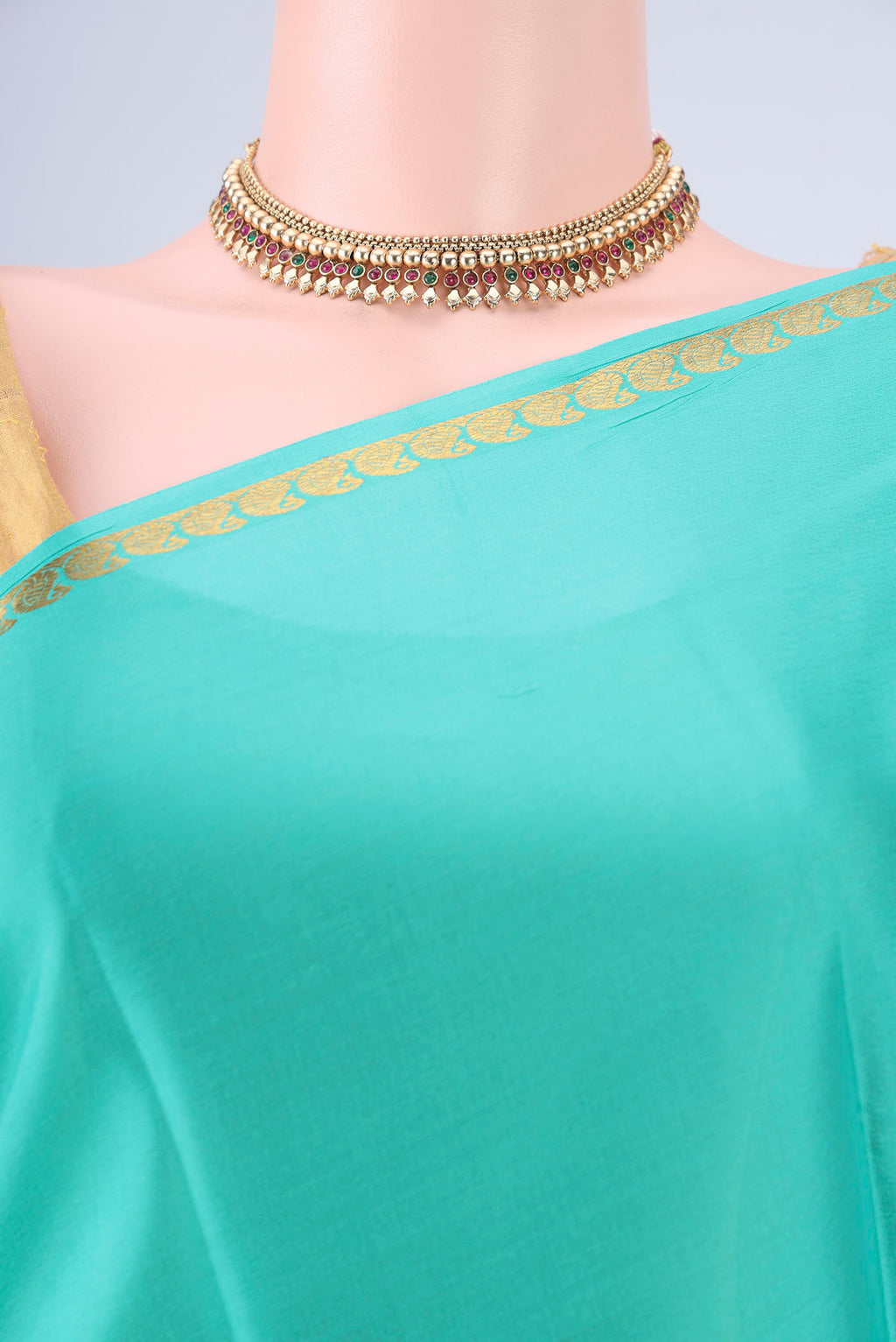 Border image of Turquoise Mysore Crepe Saree with Plain Body and Zari Border. 