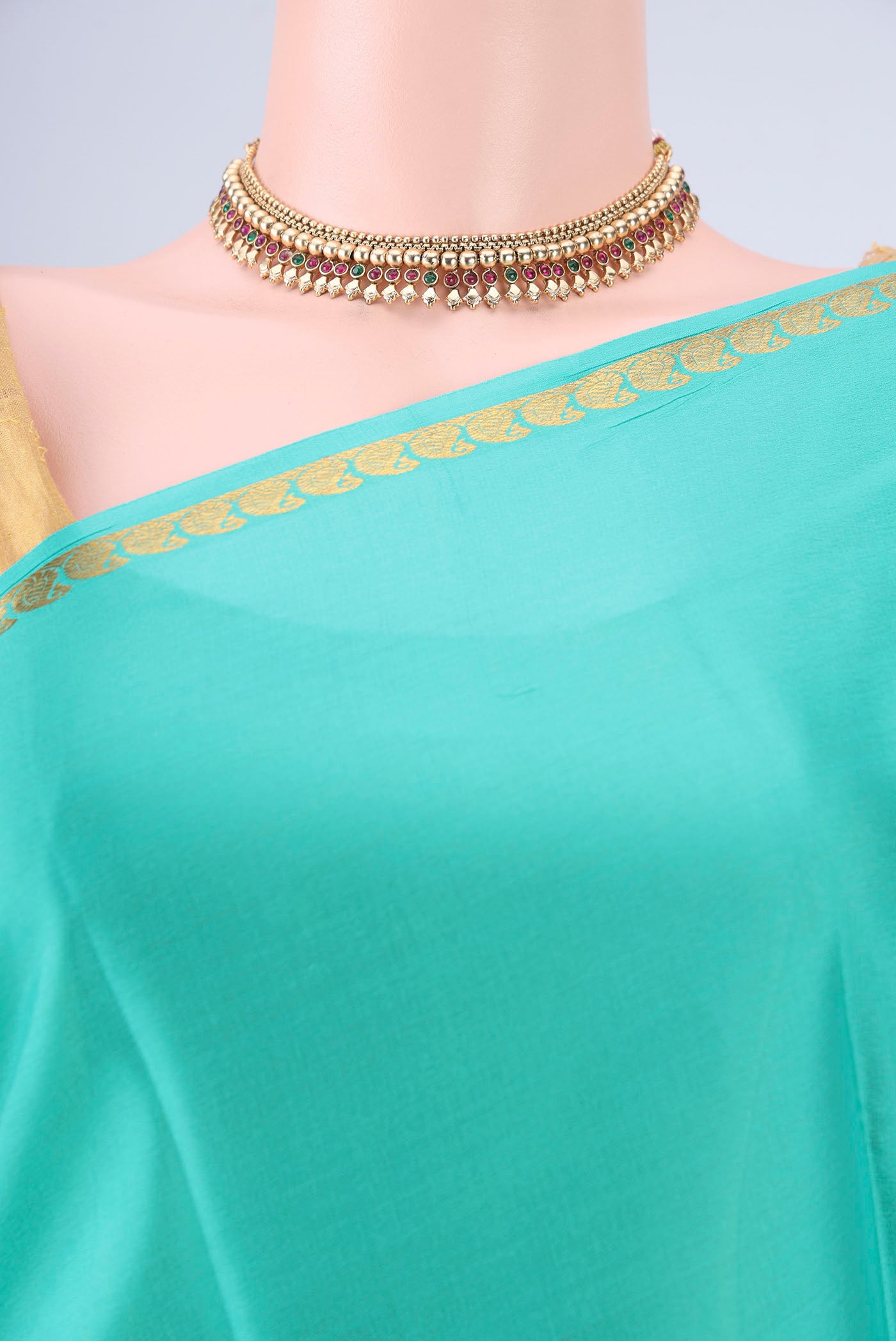 Border image of Turquoise Mysore Crepe Saree with Plain Body and Zari Border. 