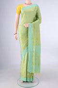 Pure Silk Acid Green Soft Saree with Jacquard design on the body and Thread Border.  displayed on a mannequin