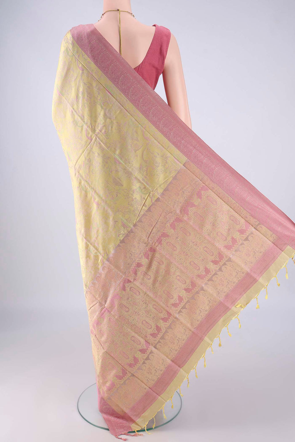 Flat view of Sandal Soft Silk Saree with Jacquard design on the body and Thread Border. 