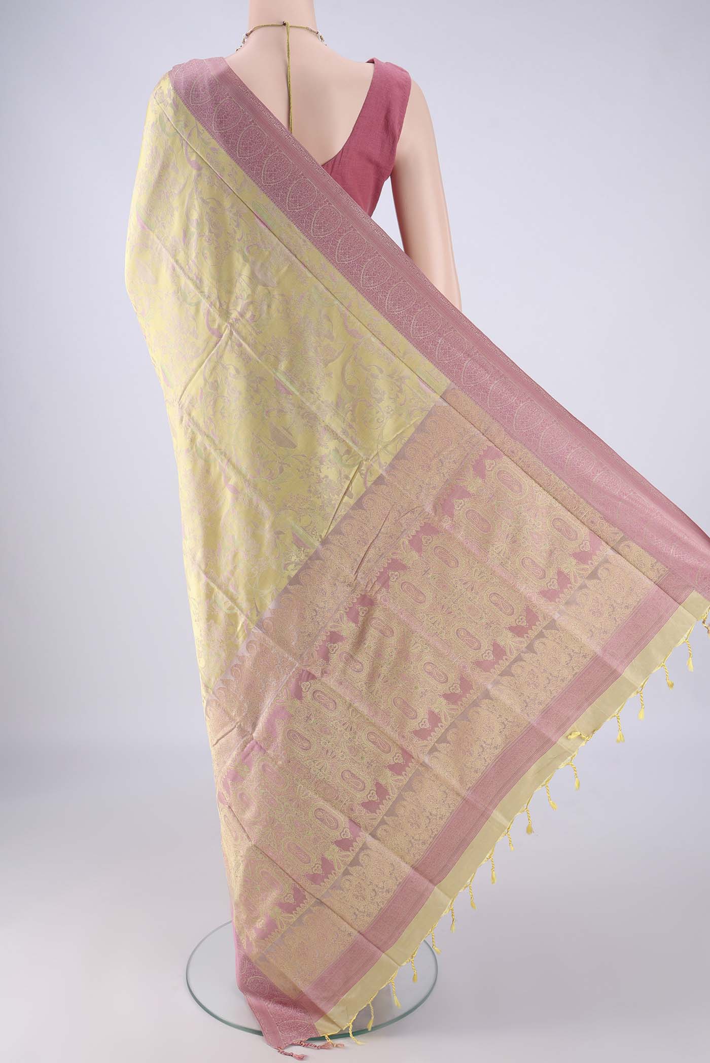 Flat view of Sandal Soft Silk Saree with Jacquard design on the body and Thread Border. 