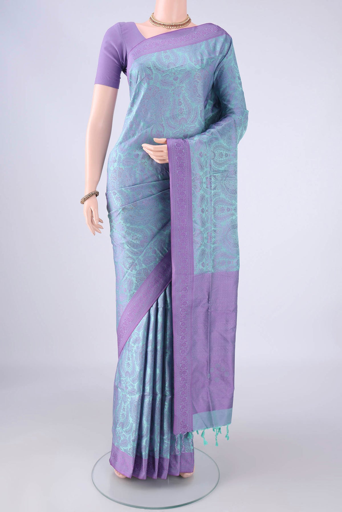 Sky Blue Dual Tone Soft Silk Saree with Jacquard design on the body and Thread Border.  displayed on a mannequin
