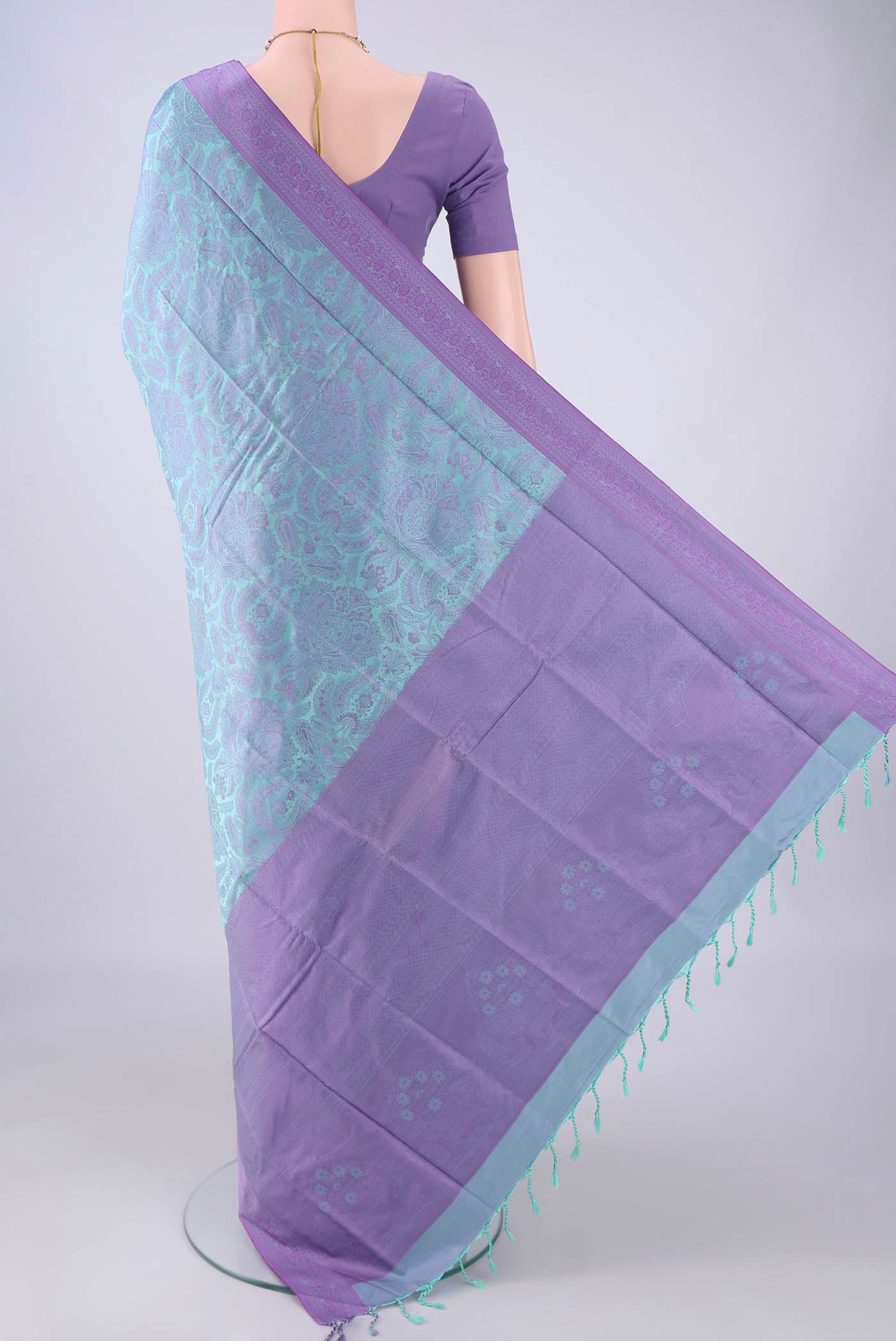 Flat view of Sky Blue Dual Tone Soft Silk Saree with Jacquard design on the body and Thread Border. 