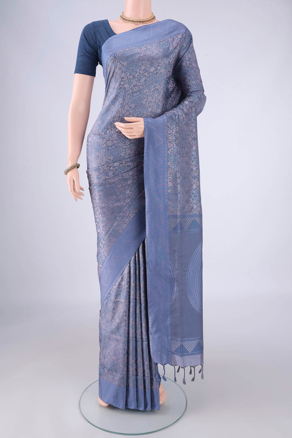 Blue Grey Dual Tone Soft Silk Saree with Jacquard design on the body and Thread Border.  displayed on a mannequin