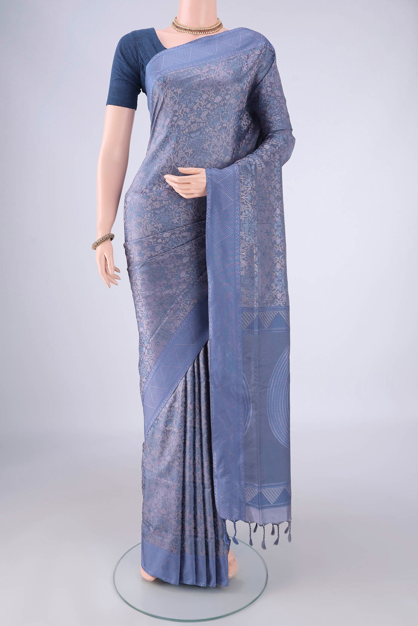 Blue Grey Dual Tone Soft Silk Saree with Jacquard design on the body and Thread Border.  displayed on a mannequin