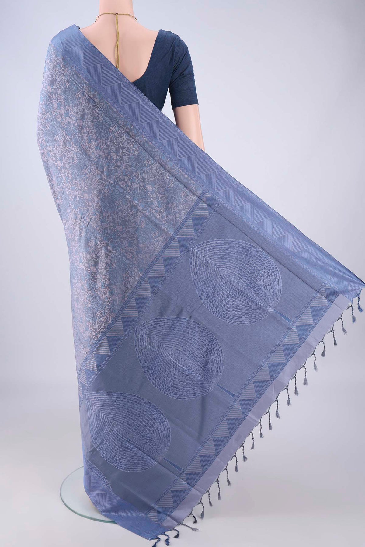 Flat view of Blue Grey Dual Tone Soft Silk Saree with Jacquard design on the body and Thread Border. 