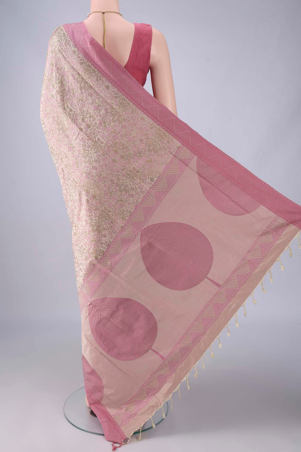 Flat view of Pure Silk Beige Soft Saree with Jacquard design on the body and Thread Border. 