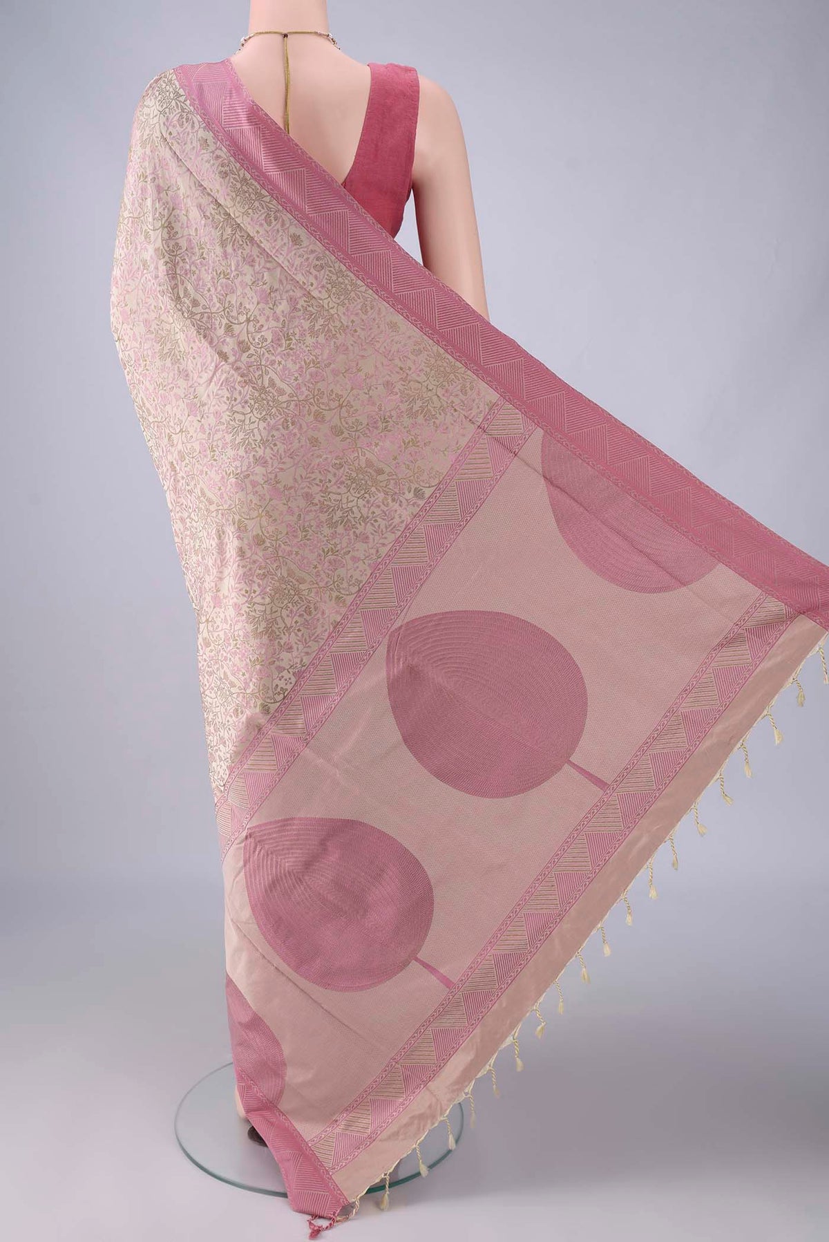 Flat view of Pure Silk Beige Soft Saree with Jacquard design on the body and Thread Border. 