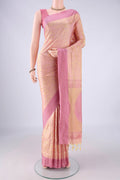 Golden Peach Dual Tone Soft Silk Saree with Jacquard design on the body and Thread Border.  displayed on a mannequin