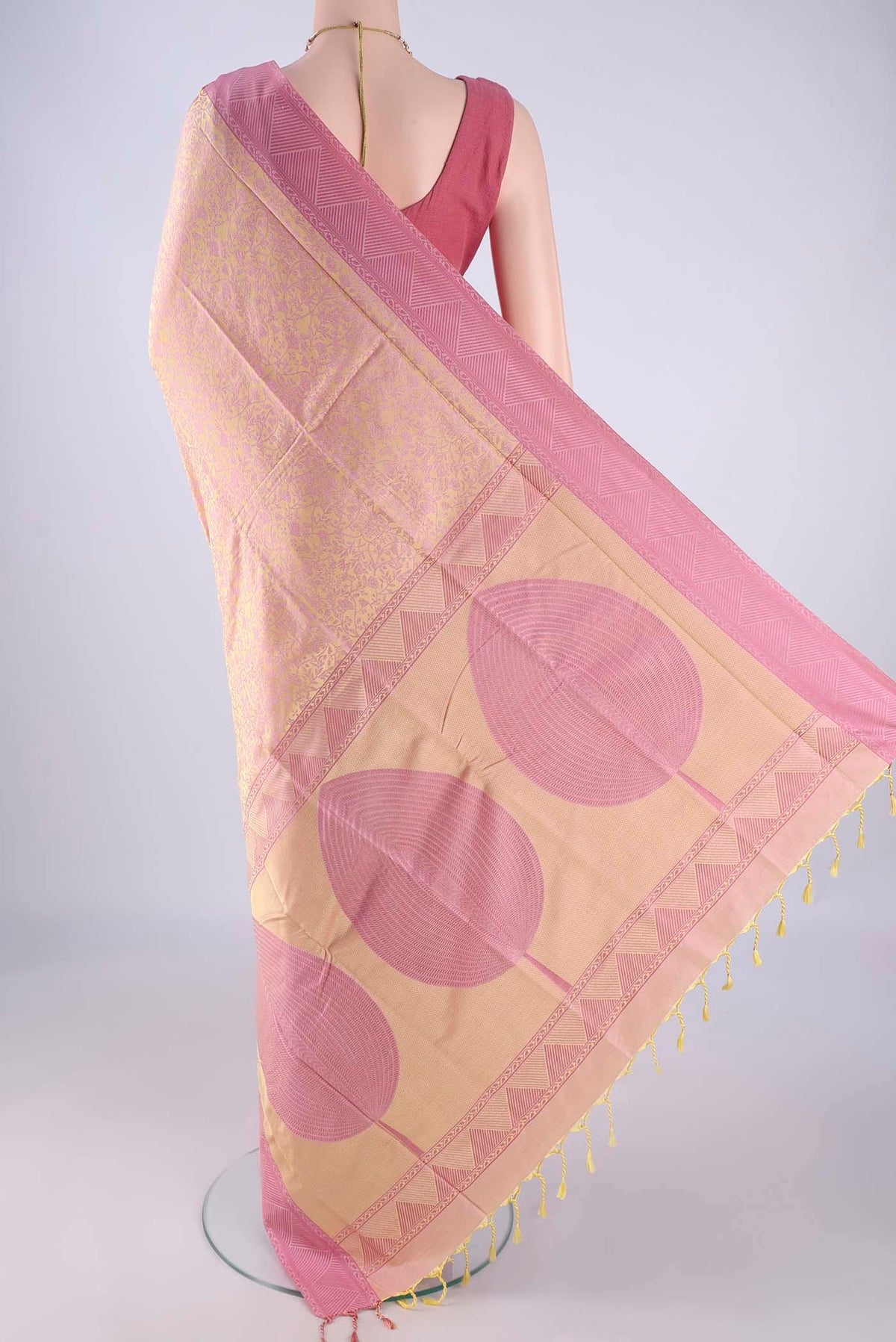 Flat view of Golden Peach Dual Tone Soft Silk Saree with Jacquard design on the body and Thread Border. 