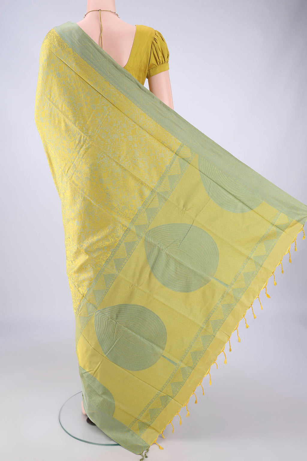 Flat view of Acid Green Soft Silk Saree with Thread Brocade on the body and Thread Border. 
