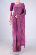 Purple Soft Silk Saree with Jacquard design on the body and Thread Border.  displayed on a mannequin