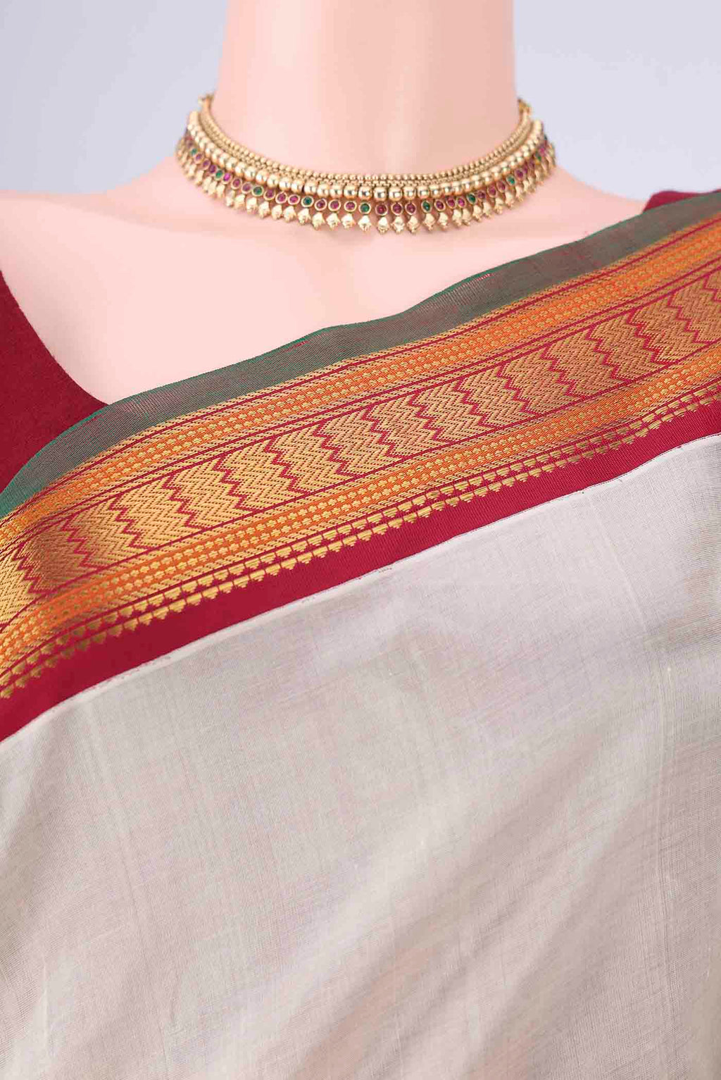 Border image of Cream Coimbatore Silk Cotton Saree with Plain Body and Zari Border. 