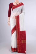 Pure Silk White Bangalore - kadyal Saree with Plain Body and Temple Border.  displayed on a mannequin