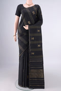 Pure Silk Pure Zari Black Kanjivaram Saree with Stripes on the body and Zari Border.  displayed on a mannequin
