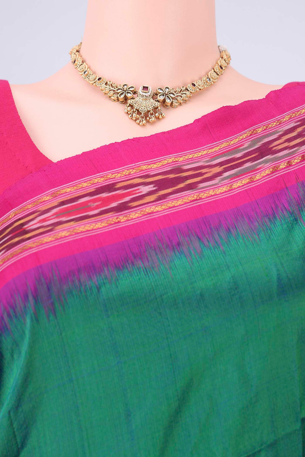 Border image of Peacock Blue Pochampally Silk Saree with Plain Body and Zari Border. 