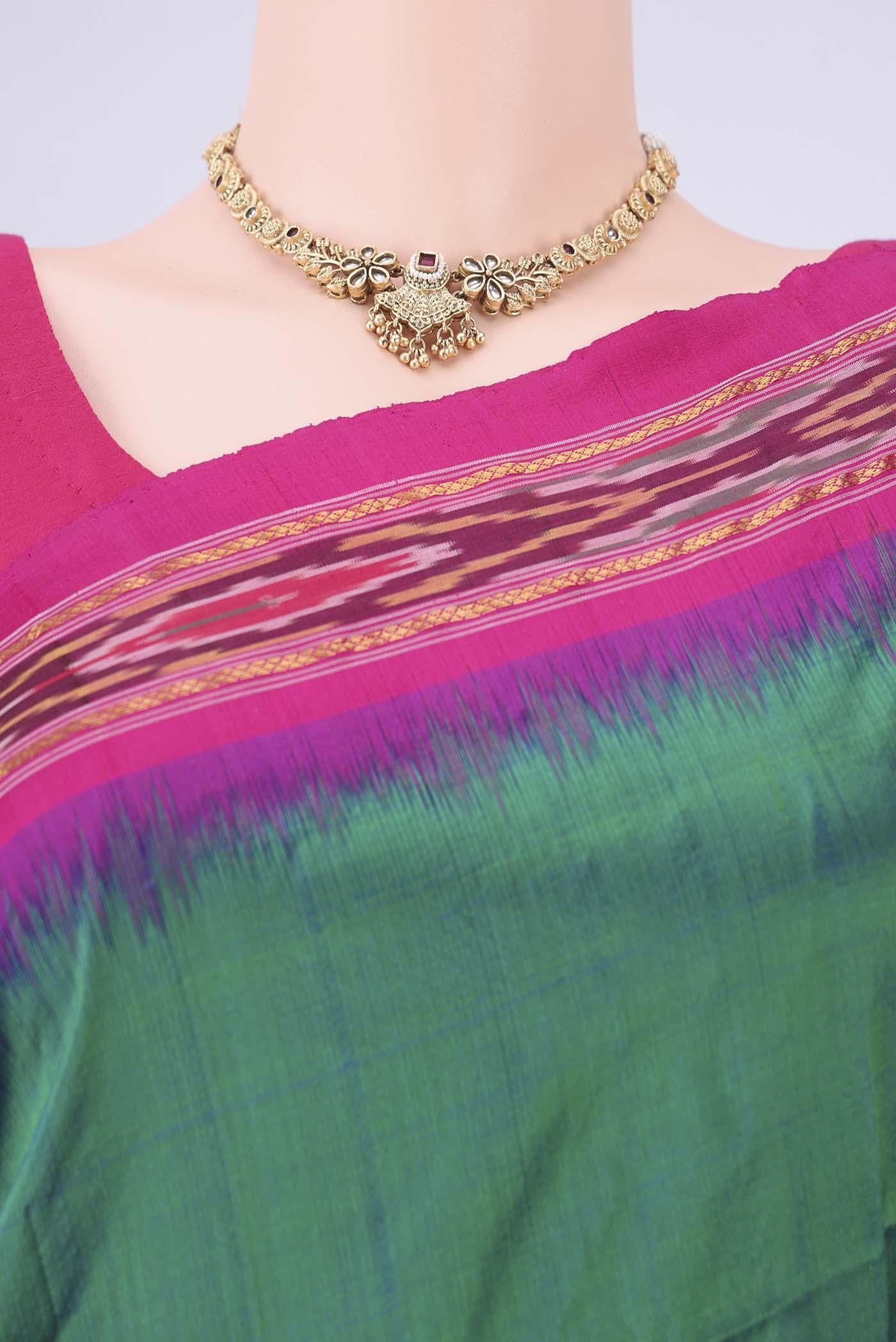 Border image of Peacock Blue Pochampally Silk Saree with Plain Body and Zari Border. 