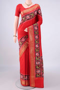 Pure Silk Red Dual Tone Pochampally Saree with Plain Body and Zari Border.  displayed on a mannequin