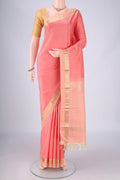 Peach Kanchipuram Silk Saree with Plain Body and Zari Border.  displayed on a mannequin