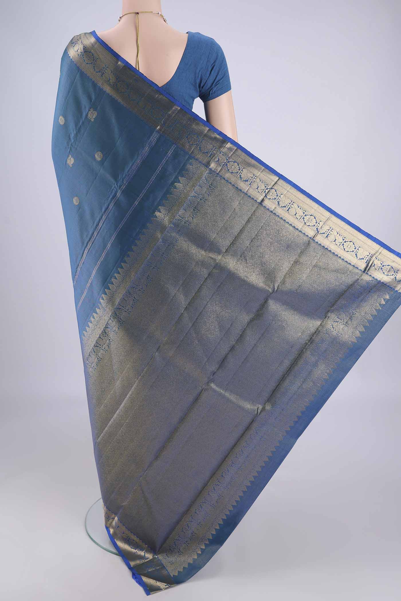 Flat view of Blue Kanjivaram Silk Saree with Zari Brocade on the body and Zari Border. 