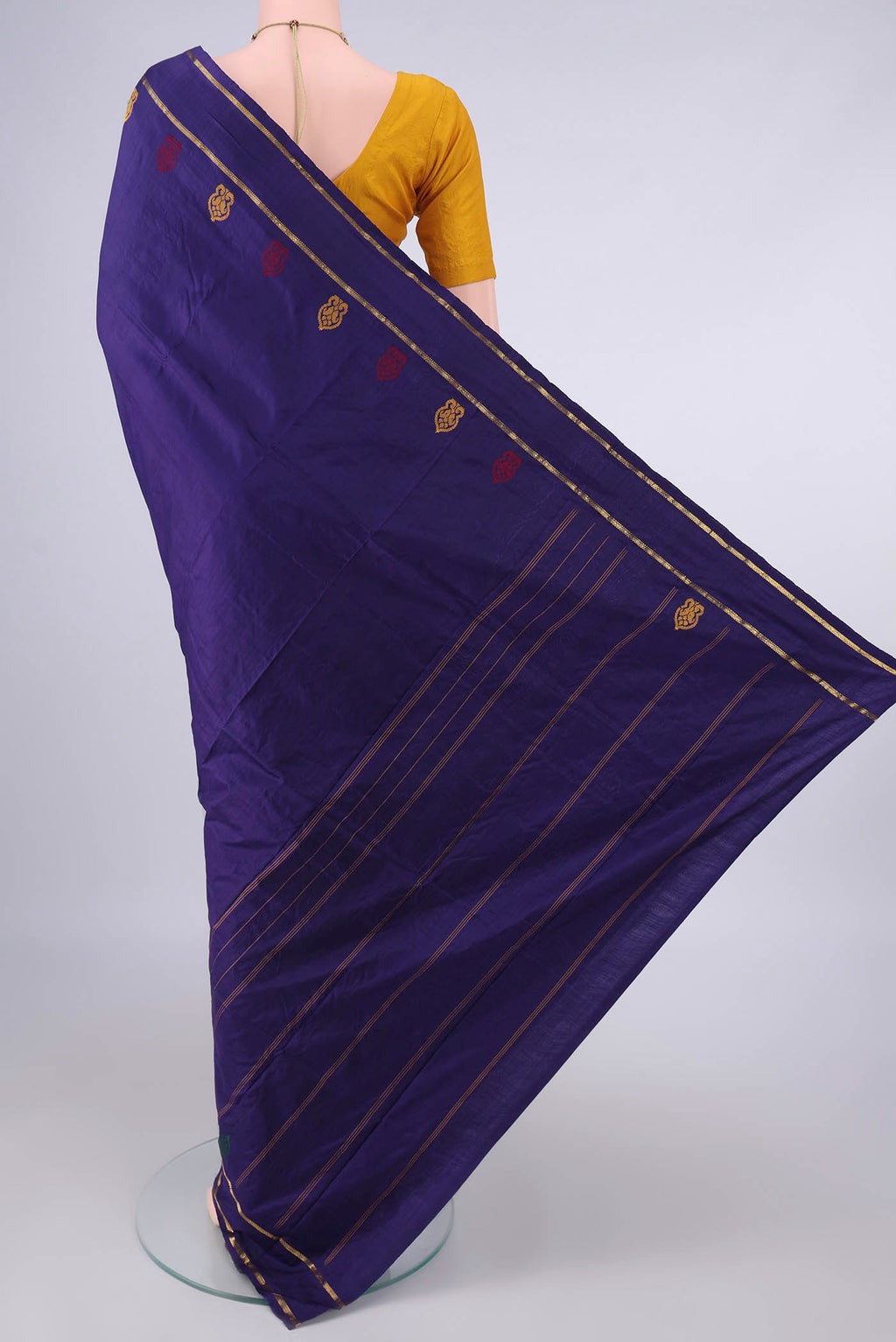 Flat view of Pure Silk Navy Blue Kanchipuram Saree with Plain Body and Zari Border. 